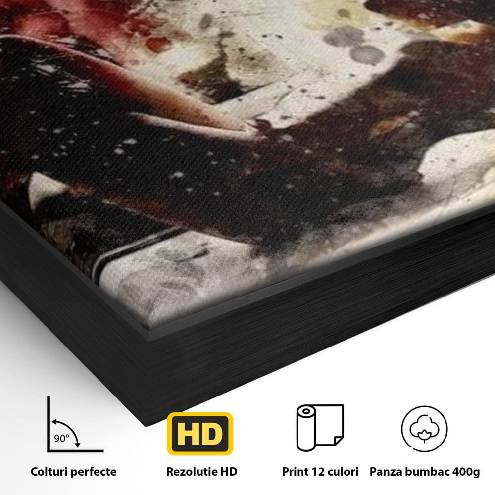 Detaliu al suprafetei: tablou canvas cu silueta si trompeta, in rama de aluminiu negru